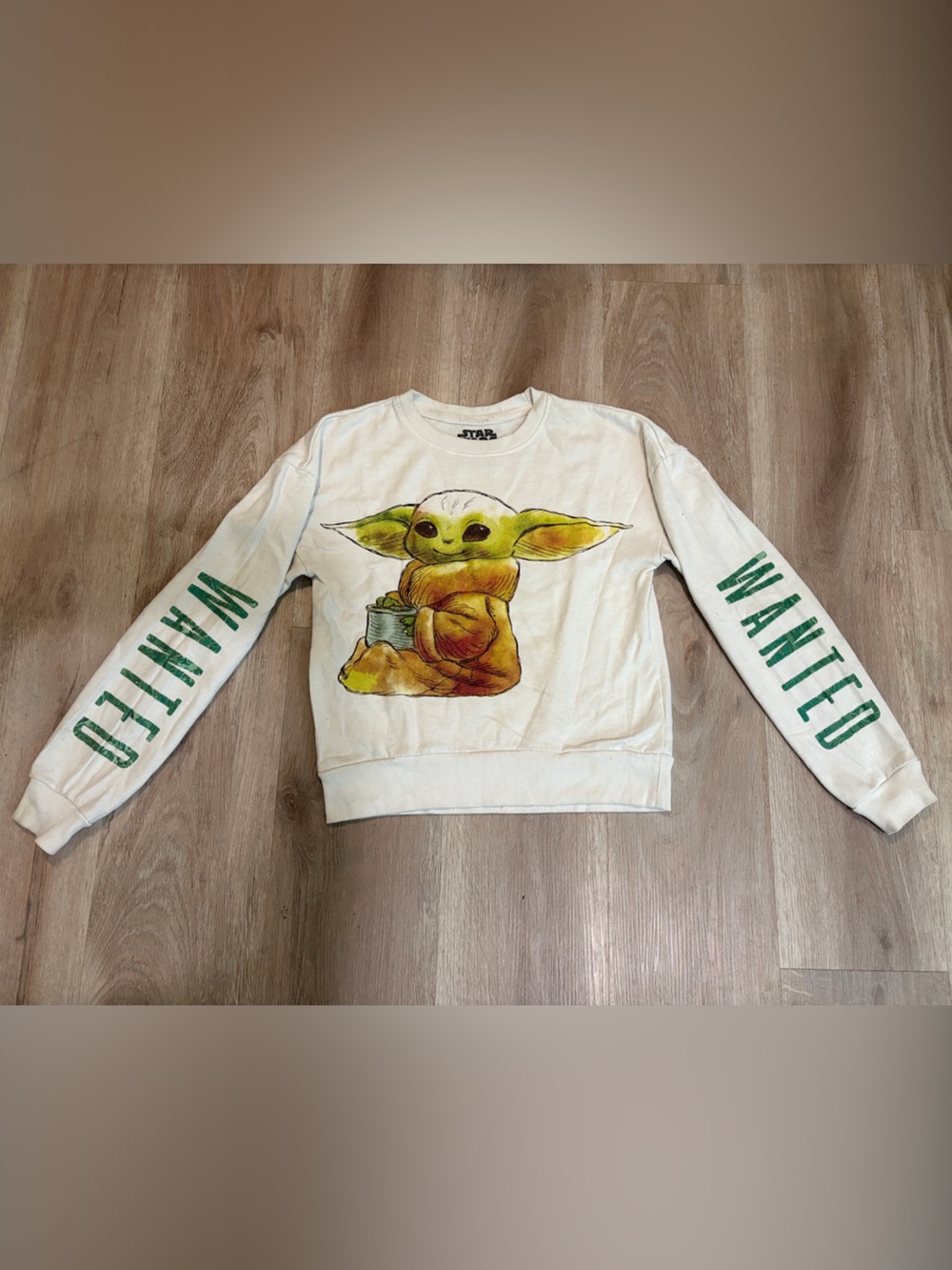 Star Wars White Kids Sweatshirt with Grogu Graphic and Green 'WANTED' Sleeves